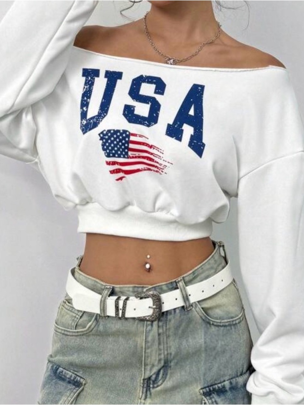 SHEIN White Off-Shoulder USA Crop Top with Flag Print
